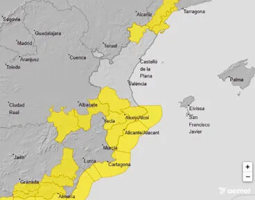 Mapa de avisos activos en la Comunitat Valenciana de la AEMET para el jueves 22 de enero 2026