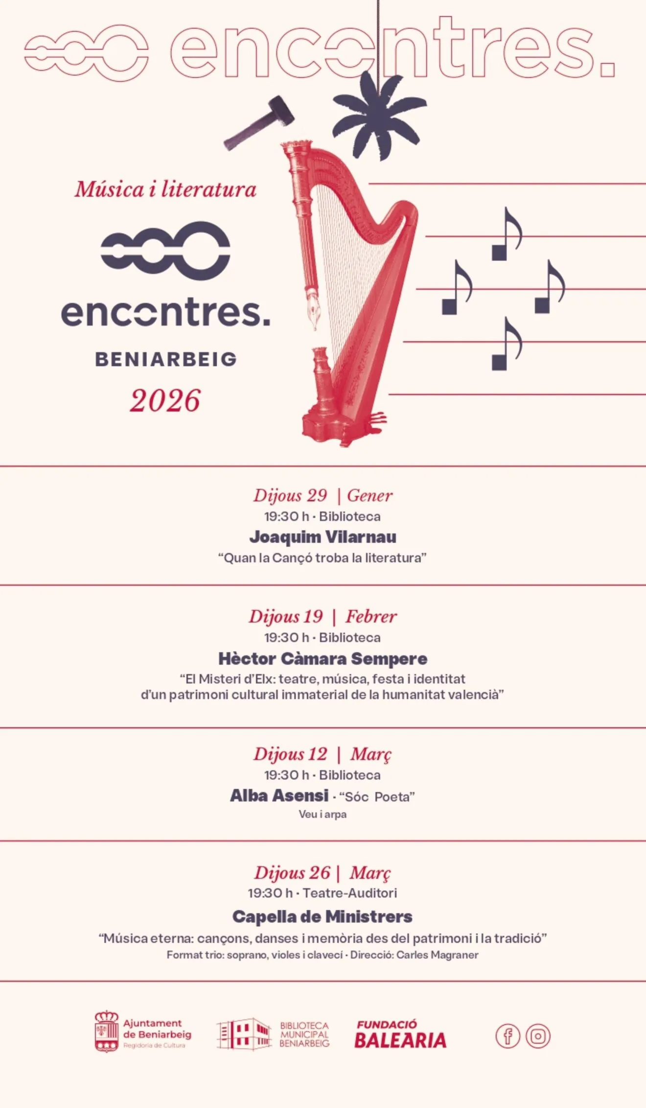 Programación completa de Encontres Beniarbeig 2026, con cuatro citas dedicadas a música y literatura