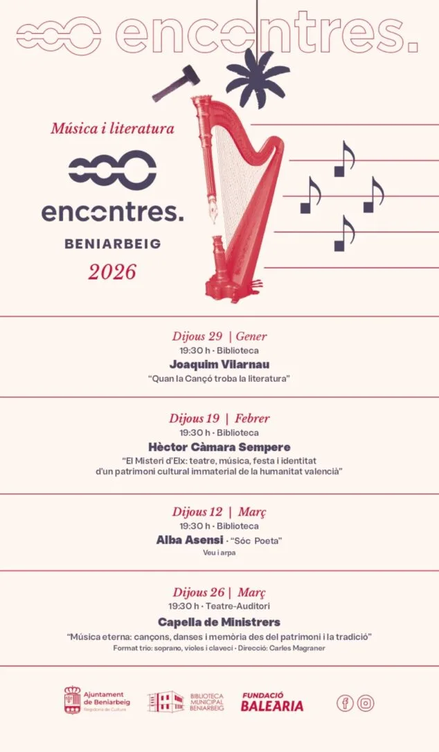 Encontres a Beniarbeig centra su edición de 2026 en la fusión entre «música y literatura» 7 Imagen: Programación completa de Encontres Beniarbeig 2026, con cuatro citas dedicadas a música y literatura