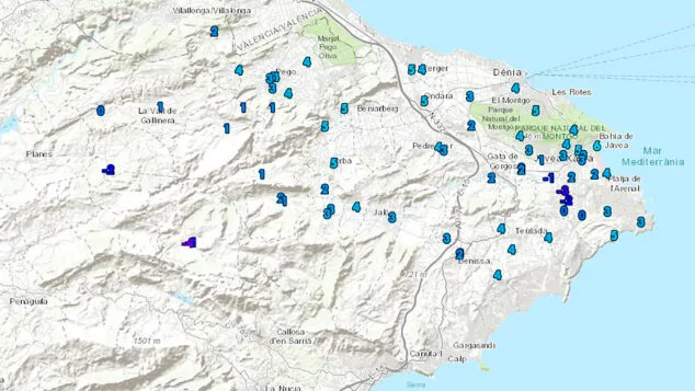 Imagen: Temperaturas mínimas registradas en las estaciones de AVAMET en la Marina Alta a 7 de enero 2026