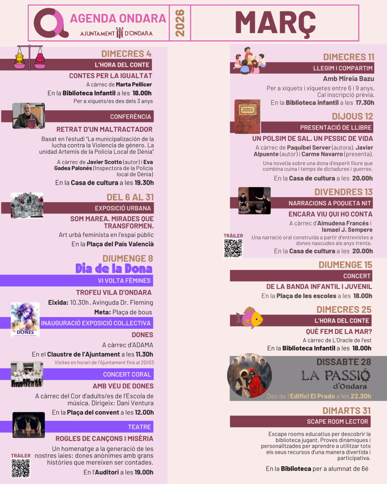 Agenda completa del mes de marzo 2026 en Ondara con todas las actividades del Marzo Violeta