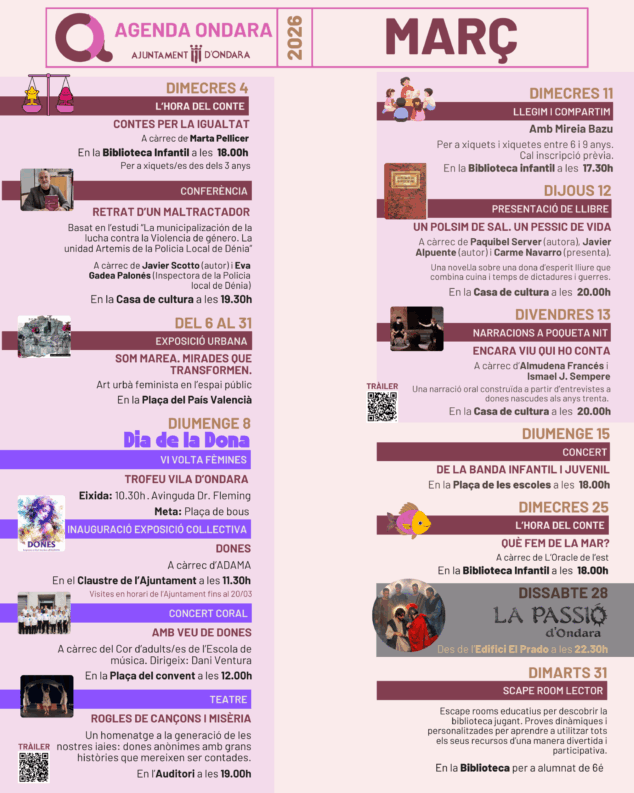 Abbildung: Vollständiges Programm für März 2026 in Ondara mit allen Aktivitäten von Violet March