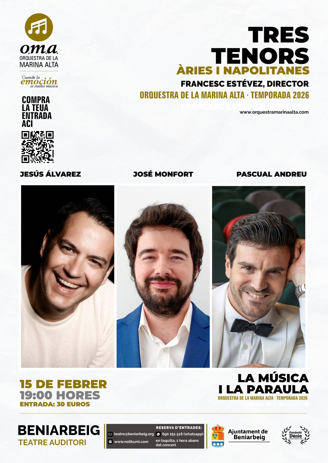Cartel del concierto «Tres Tenores», con el que la Orquesta de la Marina Alta inaugura su Temporada 2026 en el Teatre Auditori de Beniarbeig