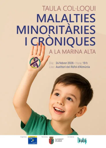 Cartel del encuentro comarcal ‘Malalties Minoritàries i Cròniques a la Marina Alta’ en el Ràfol d’Almúnia