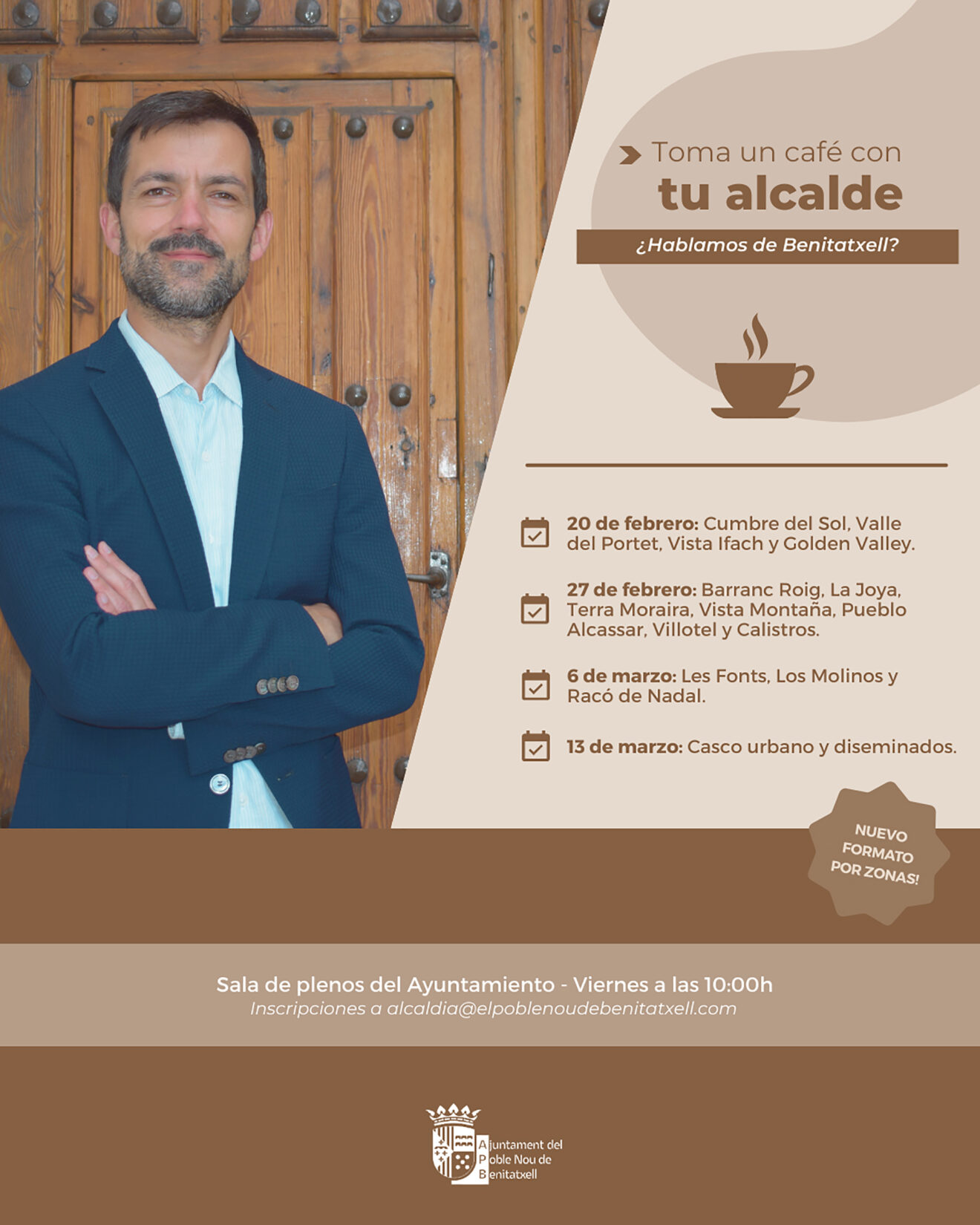 Cartel del programa 'Toma un café con tu alcalde' en Benitatxell (castellano)