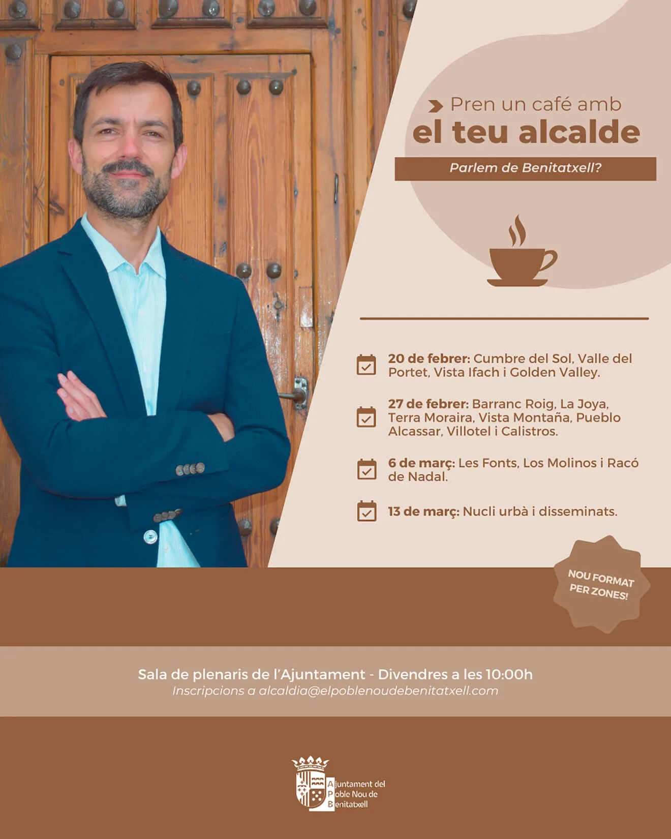 Cartel del programa 'Toma un café con tu alcalde' en Benitatxell (valenciano)