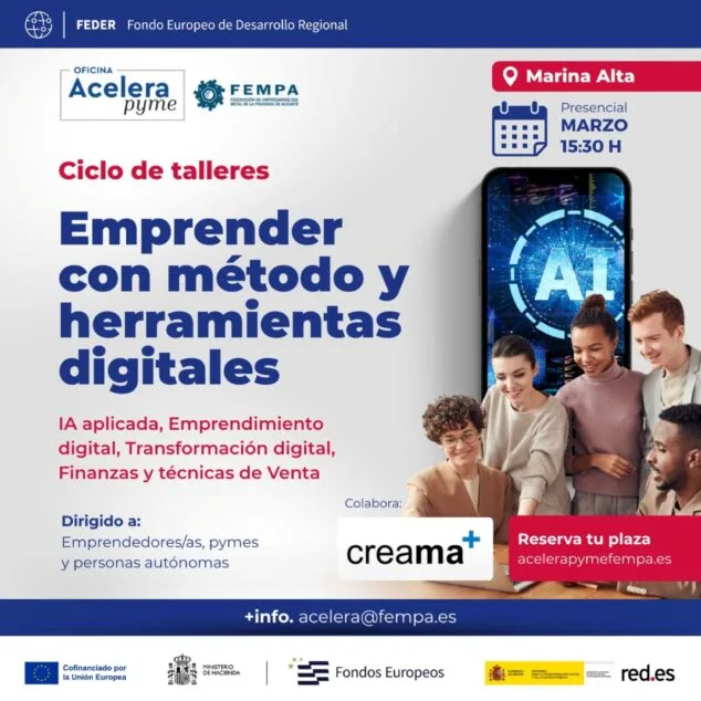 CREAMA impulsa la competitividad empresarial con nuevas jornadas sobre digitalización 1 Imagen: Cartel general del ciclo de talleres «Emprender con método y herramientas digitales»