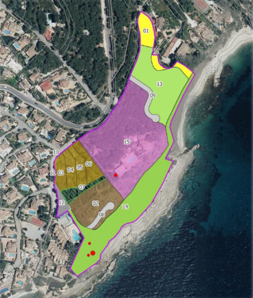 Imagen del proyecto de urbanización Patmore Resort aportada por Salvem el litoral marcada con ejemplares prospectados y no prospectados de Helianthemum caput-felis