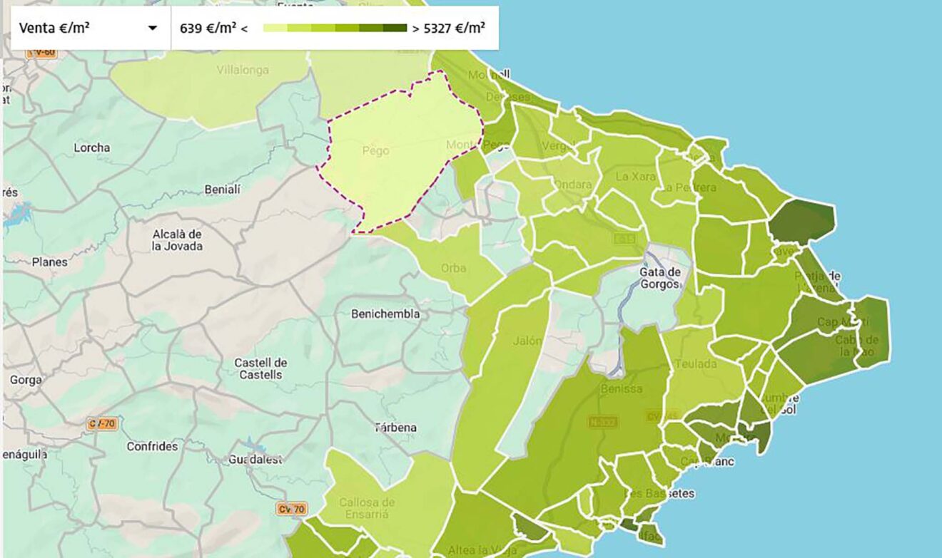Idealista-Preiskarte pro Quadratmeter in der Region Marina Alta