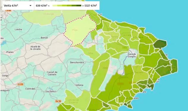 Imagen: Mapa de precios del metro cuadrado de Idealista en la Marina Alta
