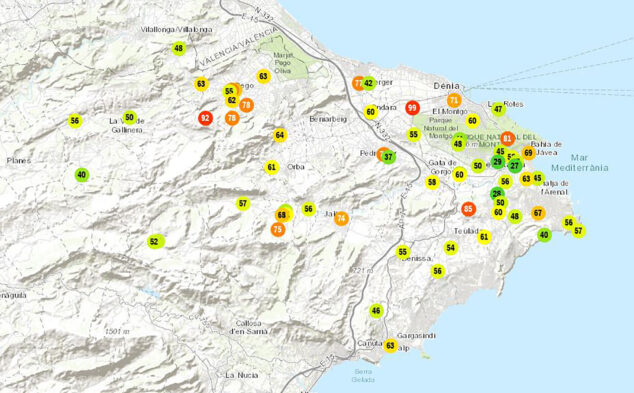 Imatge: Mapa de ratxes màximes de vent de les últimes hores a la Marina Alta - AVAMET