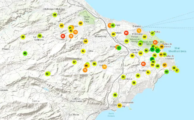 Y de Nils a Oriana: el litoral norte de Alicante no deja de encadenar borrascas y horas en aviso de la AEMET 2 Imagen: Mapa de rachas máximas de viento de las últimas horas en la Marina Alta - AVAMET