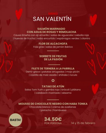 Menukaart van Basta! Lounge Bar Restaurant ter ere van Valentijnsdag in 2026