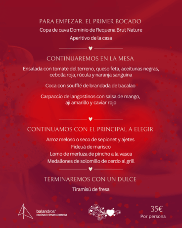 Menu van restaurant Balandros ter ere van Valentijnsdag in 2026