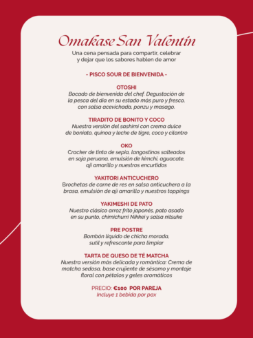 Menukaart van restaurant Mi AlmaZara ter ere van Valentijnsdag in 2026