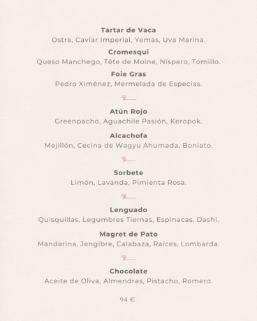 Het menu van restaurant Tosca ter ere van Valentijnsdag in 2026.