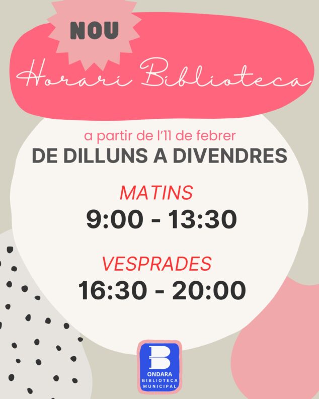 Imagen: Nuevo horario de la Biblioteca de Ondara