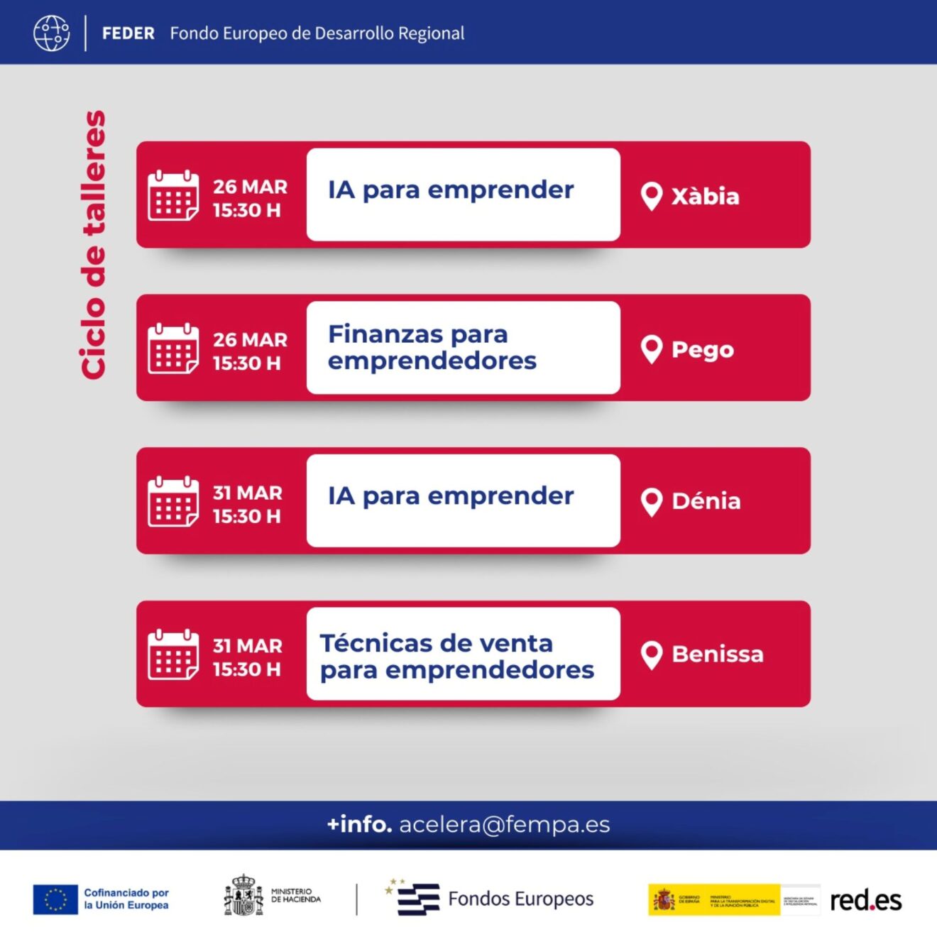 Programación de talleres del 26 y 31 de marzo en Xàbia, Pego, Dénia y Benissa