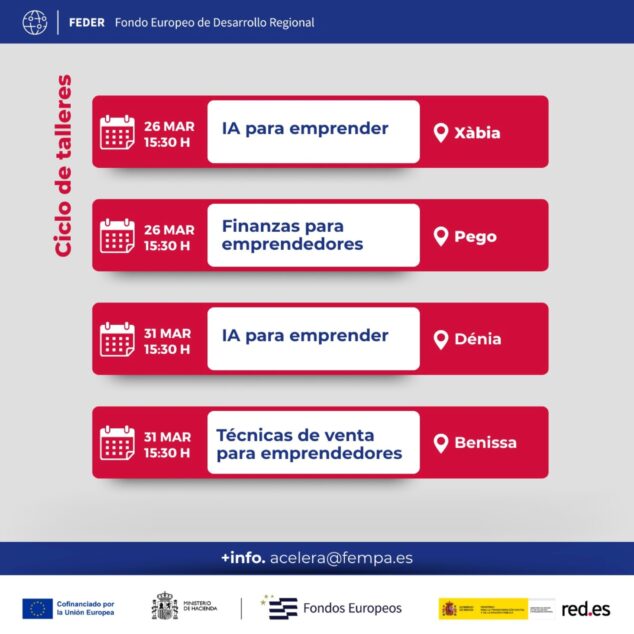 CREAMA bevordert de concurrentiekracht van bedrijven met nieuwe workshops over digitalisering. Afbeelding: Schema van workshops op 26 en 31 maart in Xàbia, Pego, Dénia en Benissa