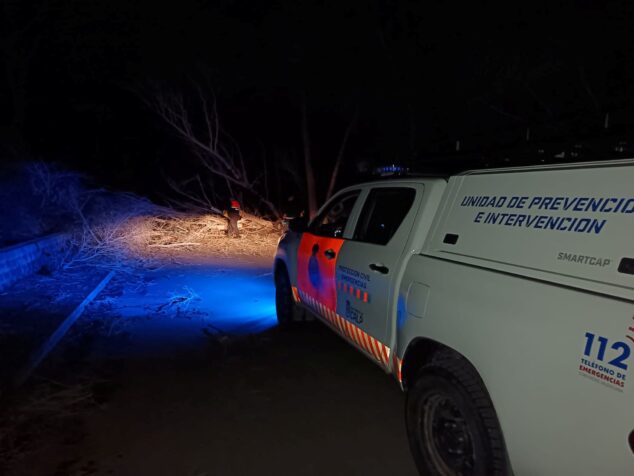 vehiculo de la unidad de prevencion e intervencion de proteccion civil actua de noche tras la caida de arboles