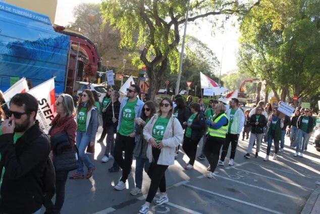 Manifestantes con banderas de STEPV y camisetas verdes marchan por una calle de Dénia durante la huelga educativa.