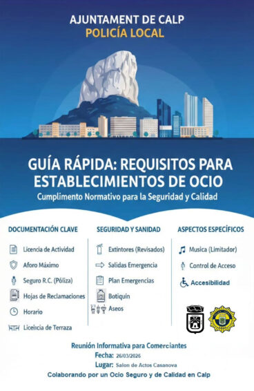 Cartel de la charla de la Policía Local de Calp con restauradores y responsables de ocio nocturno locales