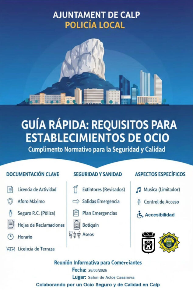 Imatge: Cartell de la xerrada de la Policia Local de Calp amb restauradors i responsables d'oci nocturn locals