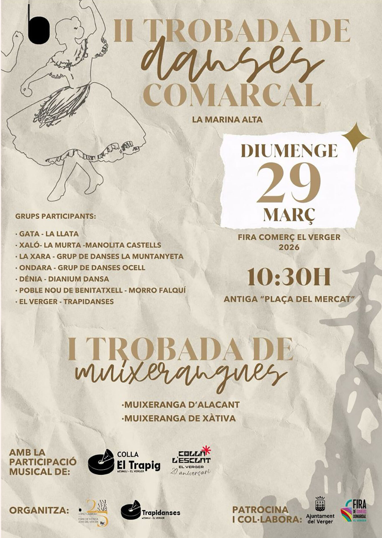 Cartel de la II Trobada de Danses Comarcal de la Marina Alta y la I Trobada de Muixerangues en la Fira de Comerç Comarcal del Verger de 2026