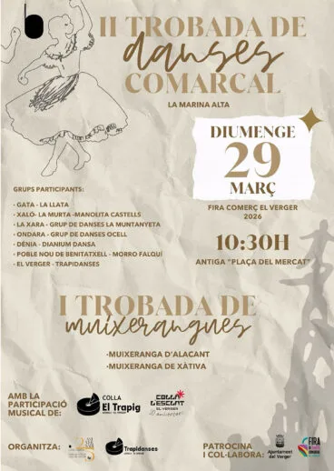 Cartel de la II Trobada de Danses Comarcal de la Marina Alta y la I Trobada de Muixerangues en la Fira de Comerç Comarcal del Verger de 2026