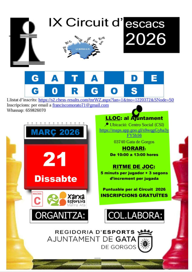 Imagen: Cartel de la Lliga Comarcal d’Escacs de la Marina Alta 2026 en categoría Sub 16