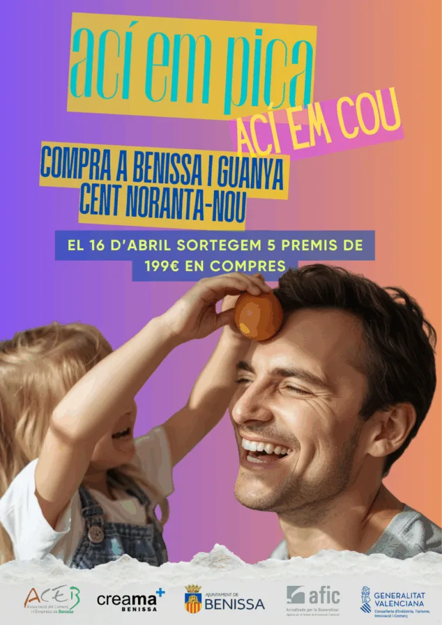 Imagen: Cartel de la campaña de comercio de Benissa 'Ací em pica, ací em cou' con una niña y un hombre con un huevo de Pascua.