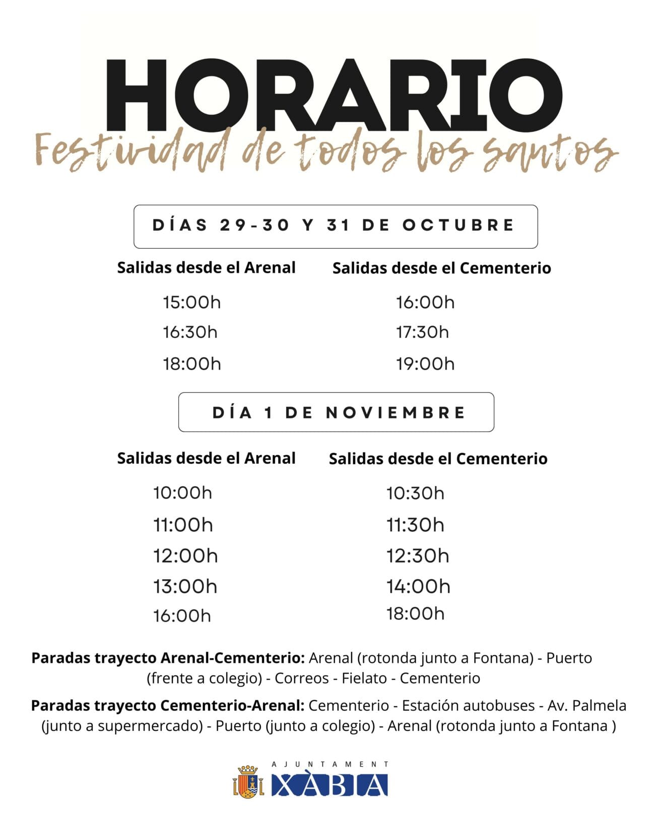 Horario autobuses Festividad Todos los Santos Xàbia