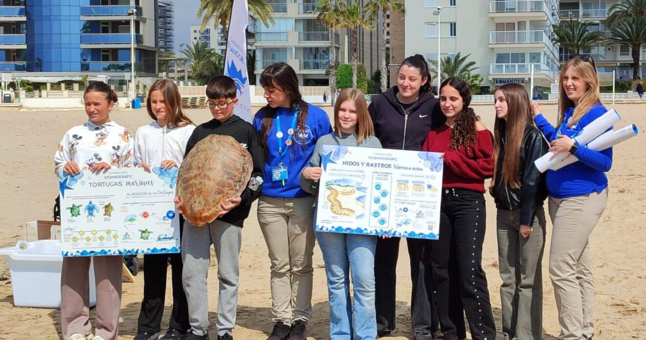 Estudiantes y organizadores durante la suelta de la tortuga 'Tuk Tuk' en la playa de Calp