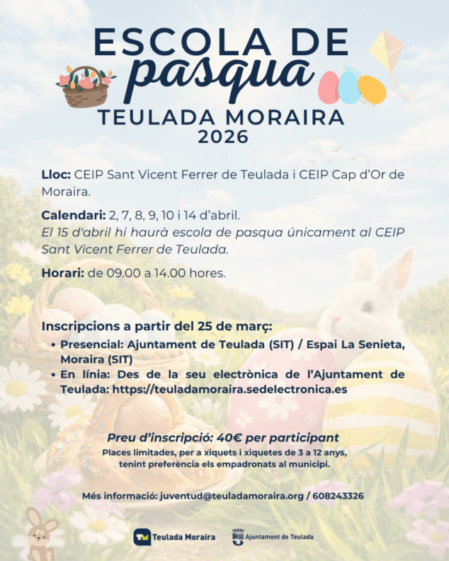 Imagen: Cartel con la información completa sobre fechas, horarios e inscripción para la Escuela de Pascua de Teulada Moraira 2026.