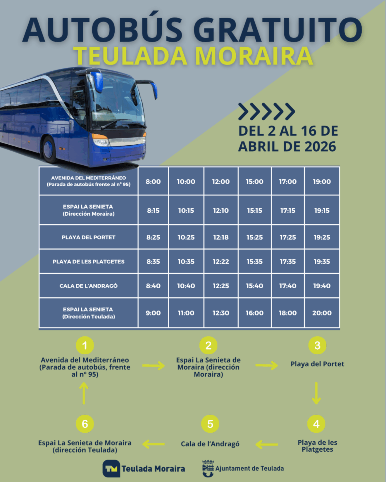 Infografía del horario y ruta del autobús gratuito Teulada Moraira Semana Santa 2026
