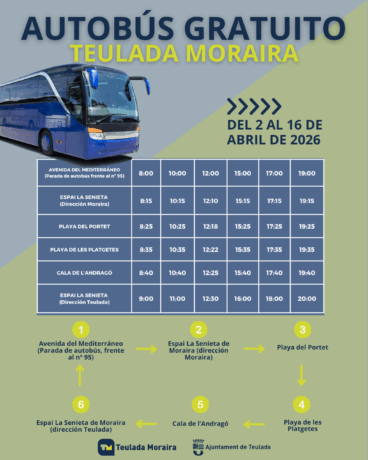 Infografía del horario y ruta del autobús gratuito Teulada Moraira Semana Santa 2026