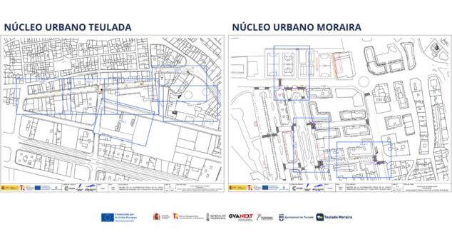 Plans techniques des interventions prévues dans les centres urbains de Teulada et Moraira pour améliorer l'accessibilité et la mobilité piétonne