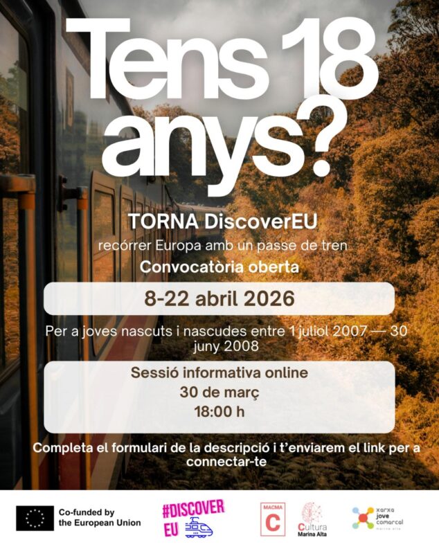 La convocatoria para jóvenes de la Marina Alta este 2026 para explorar Europa en tren y sin coste 1 Imagen: Cartel informativo de la convocatoria DiscoverEU 2026 para que jóvenes de 18 años viajen en tren por Europa.