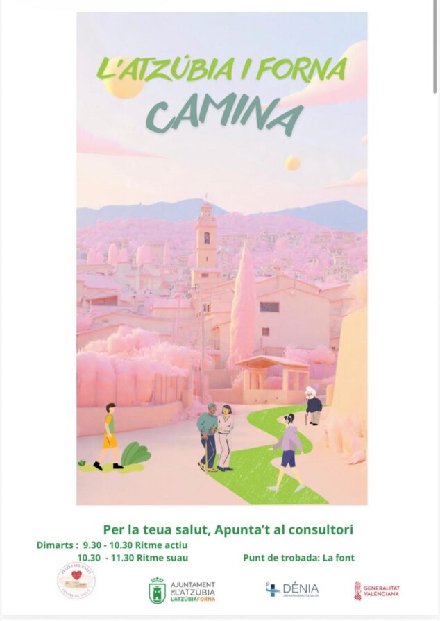 Imagen: Cartel ilustrado de la iniciativa "L'Atzúvia i Forna Camina", con información sobre los grupos de caminata de los martes, horarios y el punto de encuentro en la fuente.