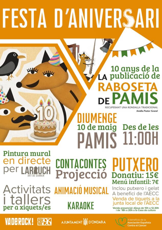 Imagen: Cartel de la Festa d'Aniversari 10 anys de La Raboseta de Pamis en Ondara, con ilustraciones de una zorra, actividades y fecha del evento.
