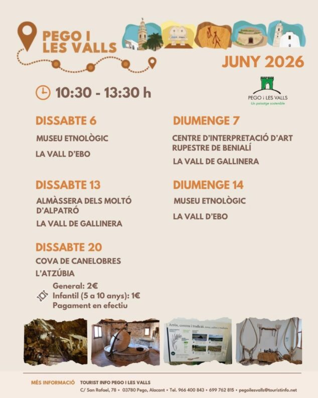 Pego y Les Valls refuerzan su oferta turística: amplían horarios de visitas tras el éxito de primavera 1 Imagen: Cartel informativo con fechas, horarios y lugares de visita en Pego i Les Valls para mayo de 2026, incluyendo la Cova de Canelobres y la Almàssera.