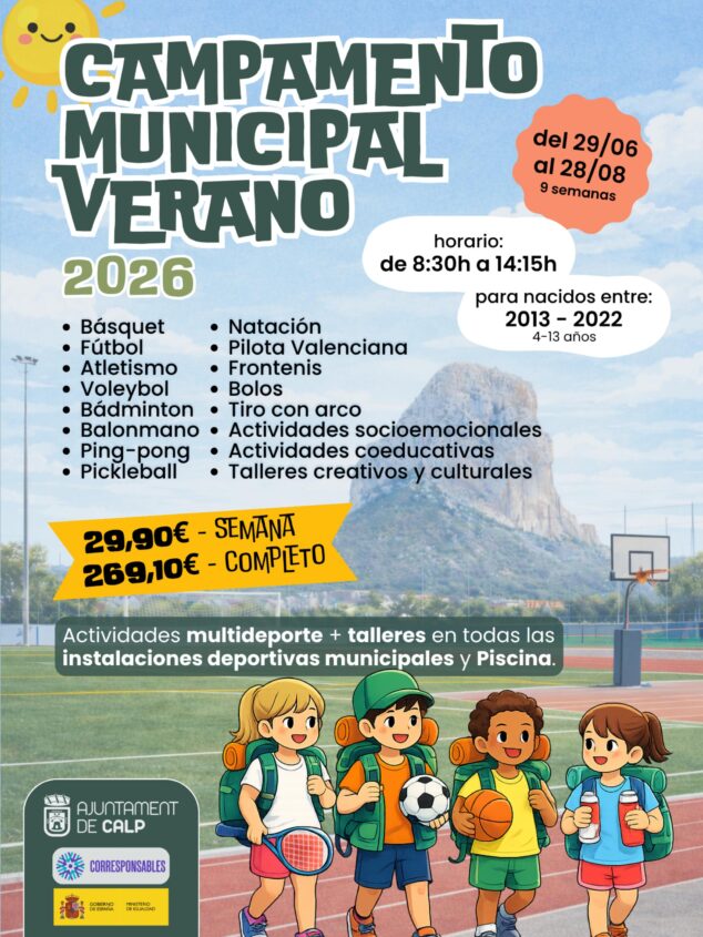 Imagen: Cartel del Campamento Municipal de Verano Calp 2026 con ilustraciones de niños deportistas, el Penyal d'Ifac, lista de actividades, precios y fechas.