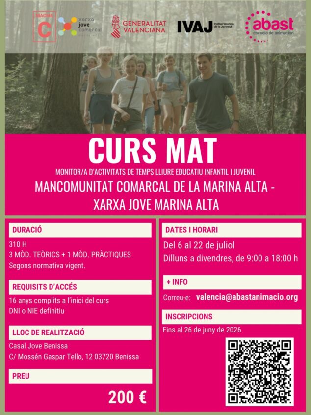 Benissa acoge una formación de monitor de tiempo libre en la Marina Alta para este año 1 Imagen: Cartel del Curs MAT de monitor de actividades de tiempo libre en la Marina Alta, con fechas, precio y requisitos.