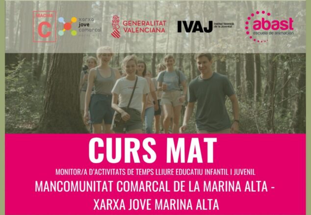 Cartel del Curs MAT de monitor de actividades de tiempo libre en la Marina Alta, con fechas, precio y requisitos.
