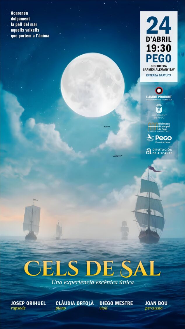 Cartel del espectáculo Cels de Sal en Pego con fecha, lugar y nombres de los participantes