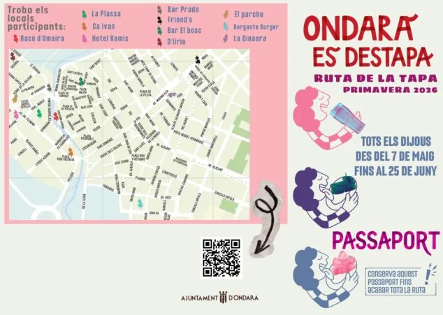 Afbeelding: Poster voor de tapasroute 'Ondara es destapa' met kaart en lijst van deelnemende etablissementen.