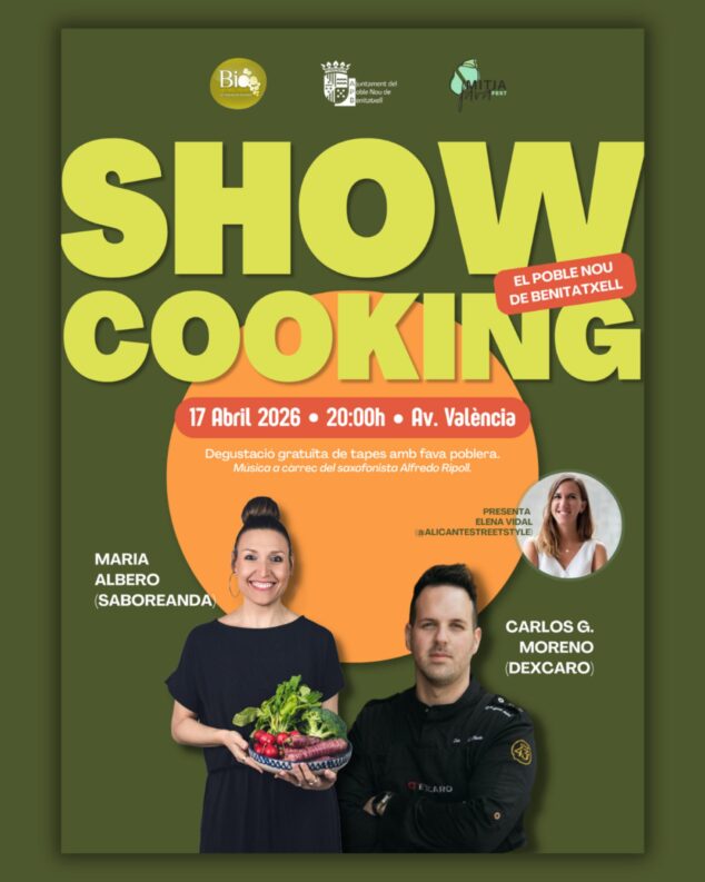 Imagen: Cartel promocional del showcooking gratuito con haba poblera protagonizado por los chefs Maria Albero y Carlos G. Moreno