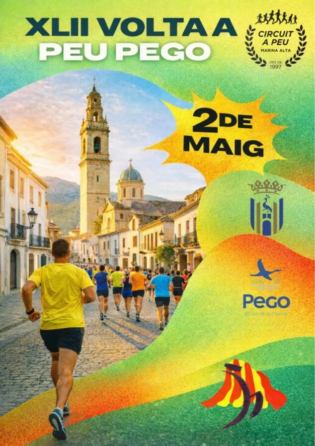 Imagen: Cartell oficial de la XLII Volta a Peu Pego, amb un corredor i l'església del municipi, anunciant la data del 2 de maig.