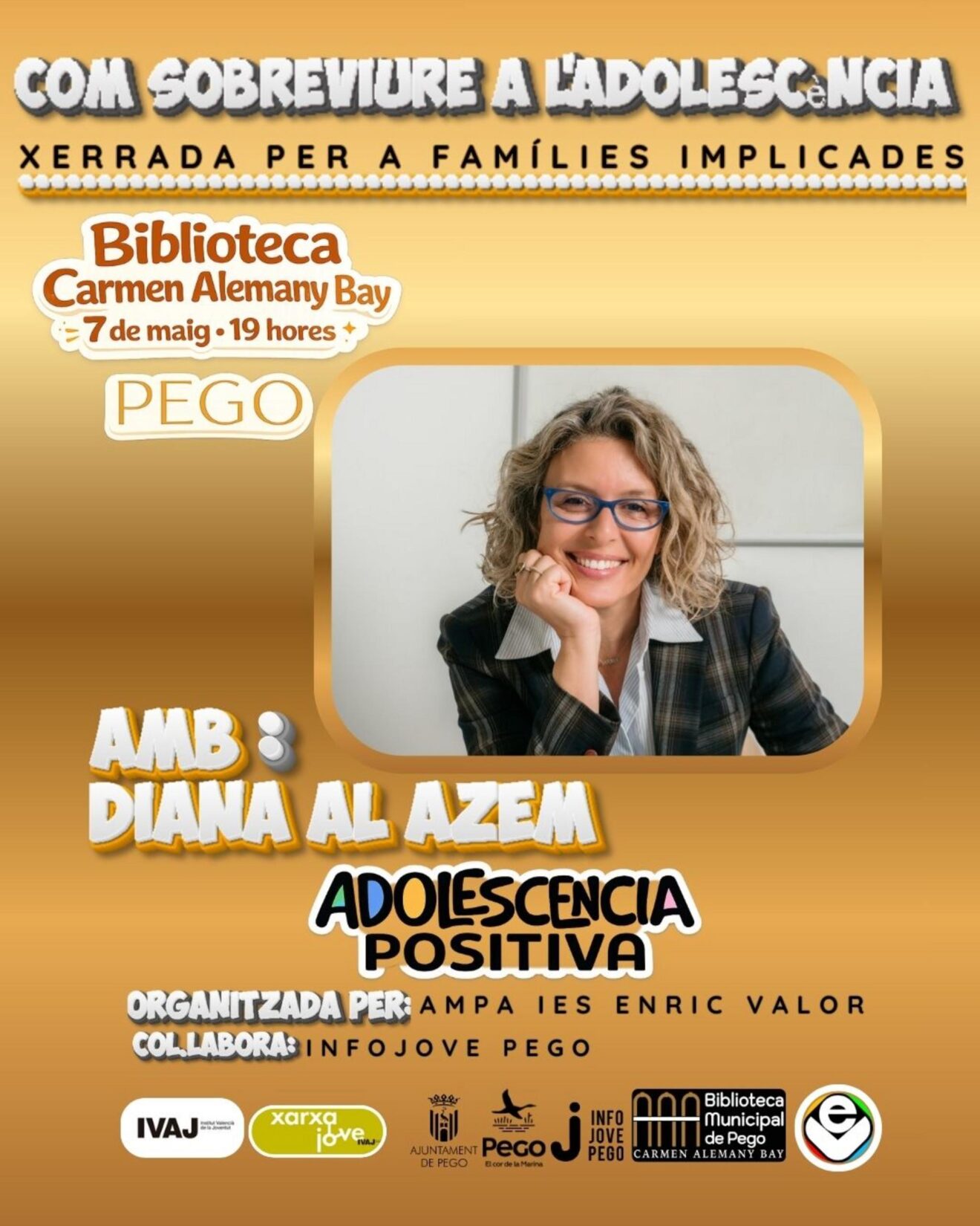 Cartell de la xerrada 'Com sobreviure a l'adolescència' amb Diana Al Azem a Pego