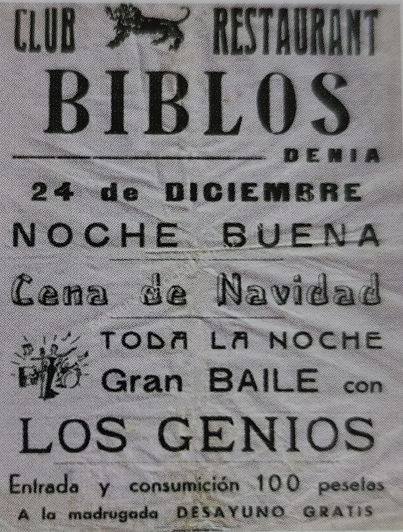 Folleto de Club Restaurant Biblos en Dénia - Imagen del libro '150 anys de música i ball a la Marina Alta'